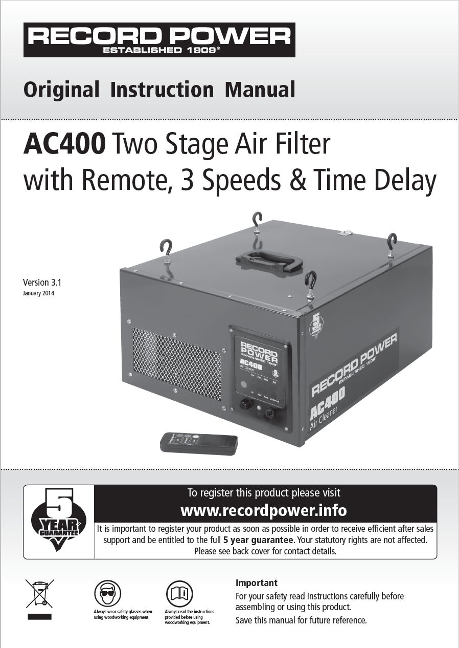 AC400 Two Stage Air Filter with Remote 3 Speeds and Time Delay